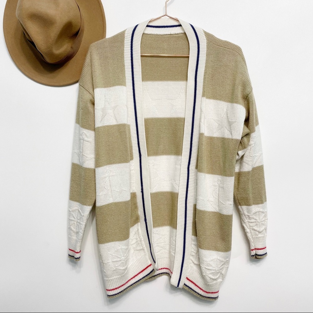 vintage | coastal grandma nautical 90's cardigan tan stripe anchor ship’s wheel